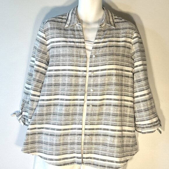 Anne Klein SZL Gray & White stripe linen Shirt Shacket Old Money Quiet Luxury - Picture 1 of 10